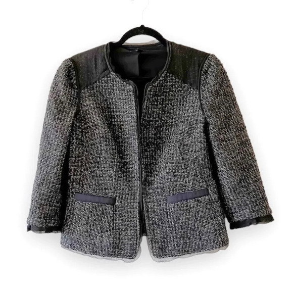 Ann Taylor‎ Black Boucle Blazer Size 4 Chiffon Trim Clueless Wool Blend Office - Picture 1 of 9